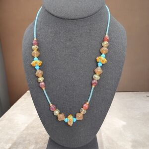 Vintage Glass Lampwork Beaded Necklace with Turquoise and Earth Tones